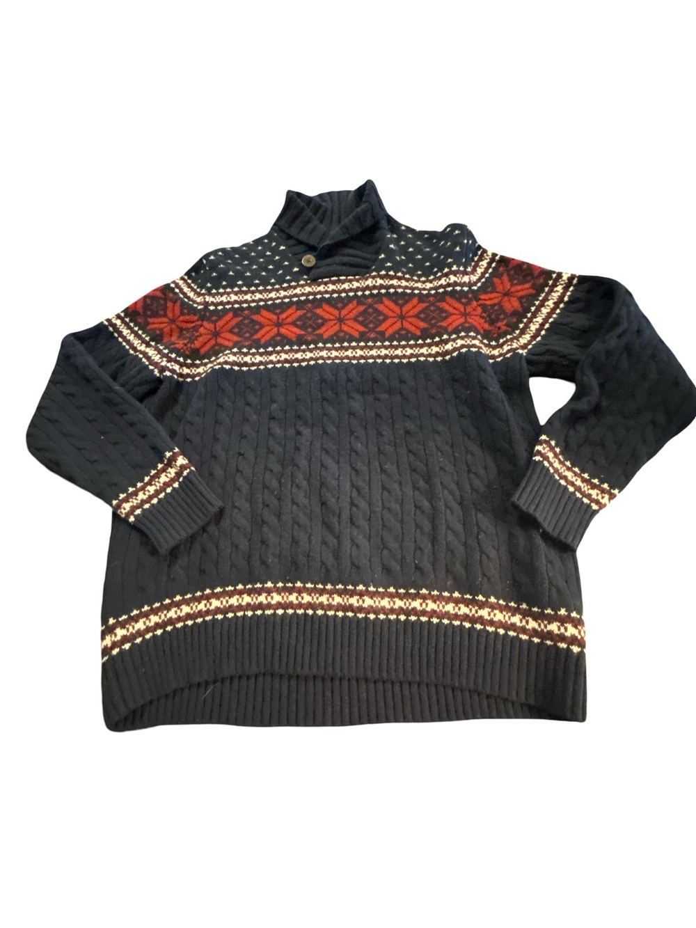 Lands' End Mens XL Lambswool Cable Knit Fair Isle Sweater Shawl Collar Navy